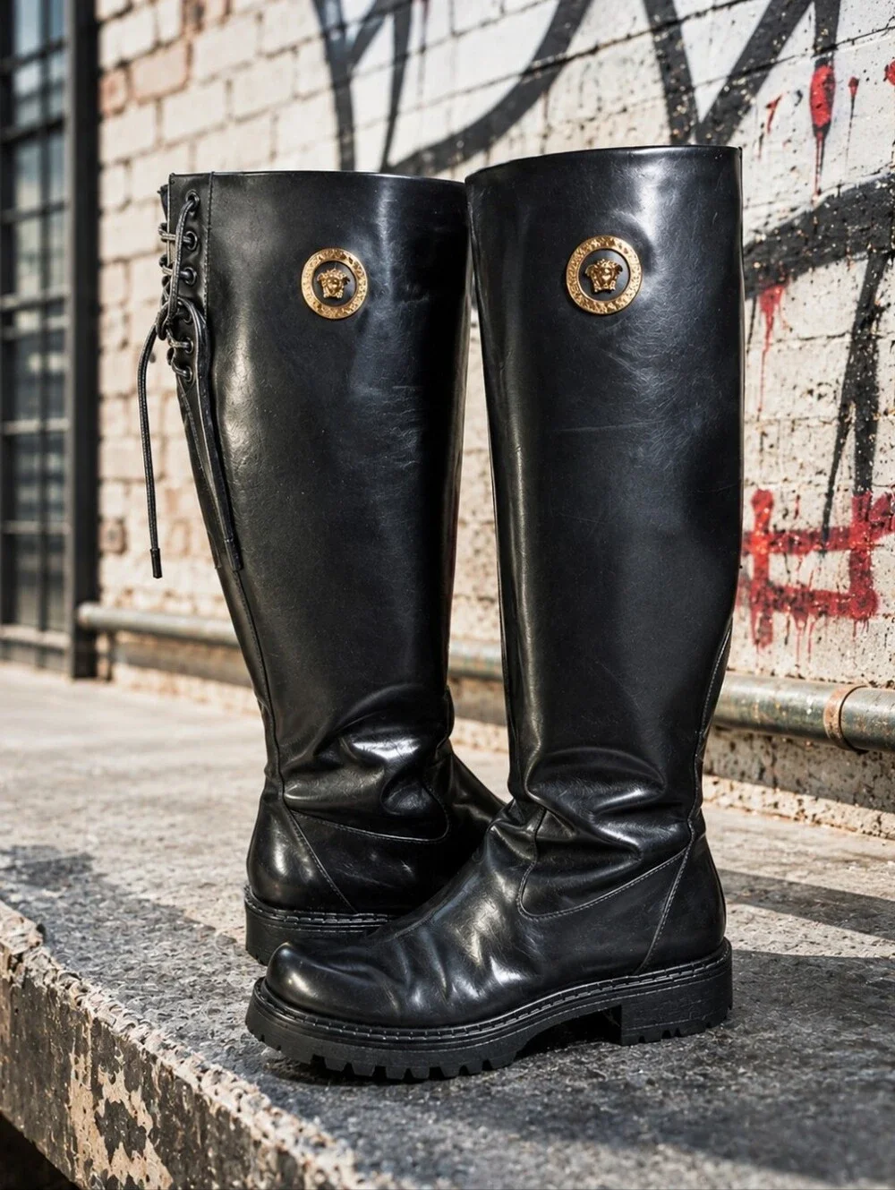 Versace Black Patent Leather Knee High Combat Boots – Gold Medusa **SEE COMMENT